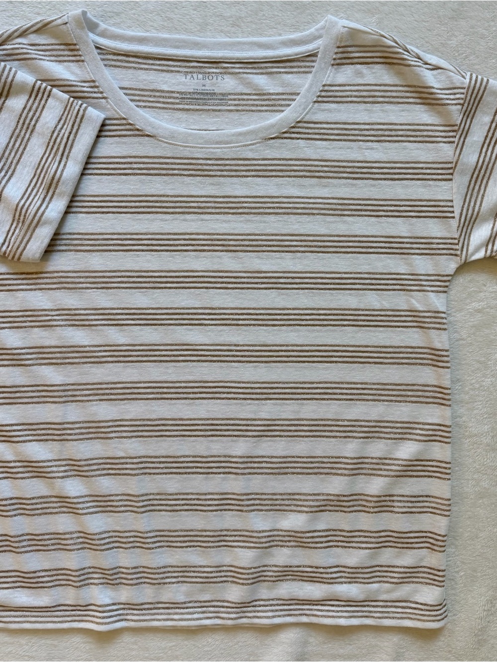 Talbots Metallic Gold and White Stripe Linen Tee NWT